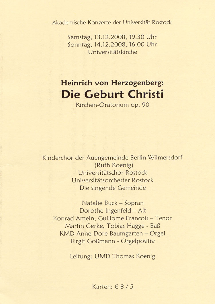 Das Cover des Konzertprogramms der Geburt Christi vom 13. und 14. Dezember 2008 in Rostock.