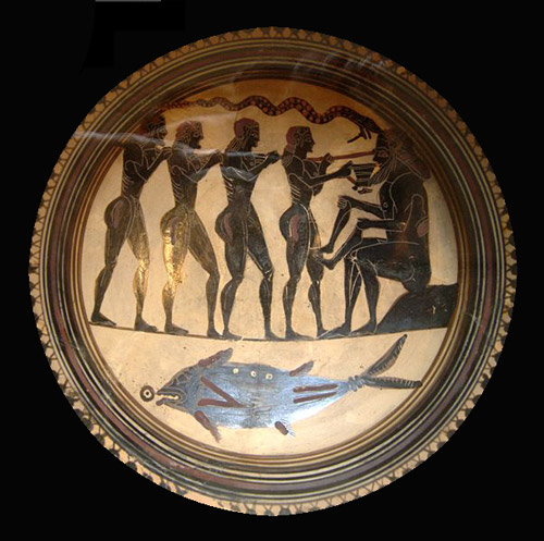 Odysseus und seine Gefährten blenden den Polyphem, lakonisch-schwarzfigurige Schale des Reiter-Malers, ca. 565–560 v.Chr.